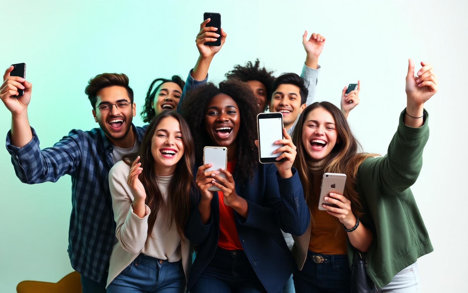 Diverse group of happy people earning with SBoster on their phones